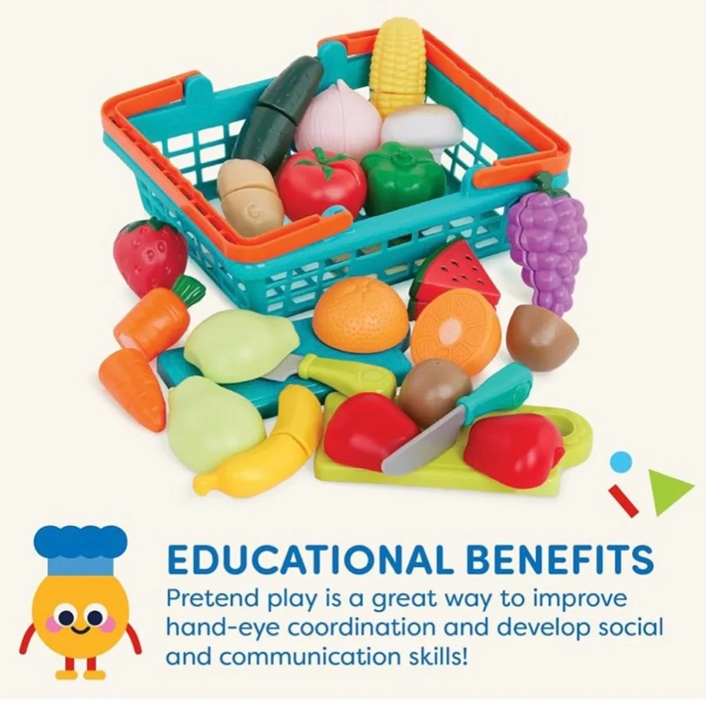 37-Piece Toddler Play Food Set Teal Orange Basket Fruits Veggies